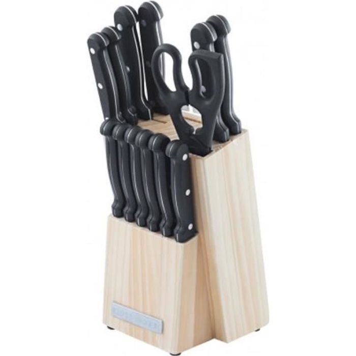 LOT DE 12 COUTEAUX EN ACIER INOXYDABLE AVEC UN CISEAUX DE CUISINE ET BLOC COUTEAU EN PIN MODELE WOOD130 DE KITCHENCOOK