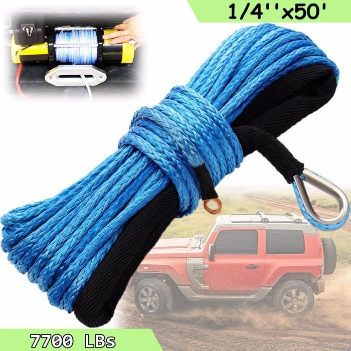 NEUFU 6mmx15m 7700+ LBs Corde de Treuil Ligne Dyneema Synthétique Cable avec Thimble pour ATV SUV Voiture Bleu