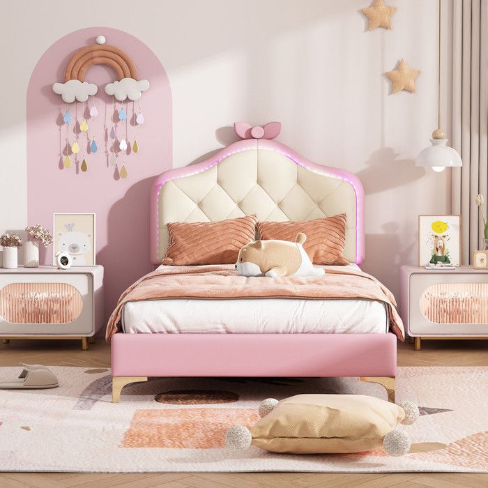 lit enfant capitonné avec led colorée et nœud - modernluxe - 90x200cm - rose