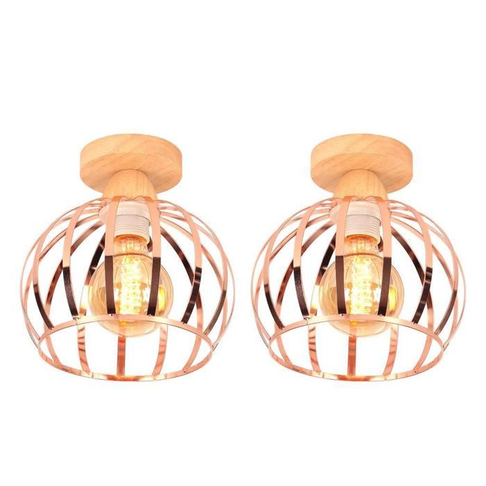 Plafonnier - iDEGU - Vintage - Métal et Bois - 2 Ampoules - Or Rose