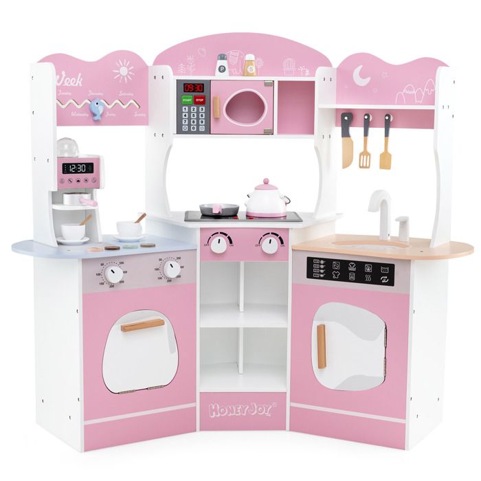 Cuisine enfant en bois avec 17 accessoires légumes en plastique boutons et lumières toque 3-6 Cuisine enfant en bois avec 17 accessoires légumes en plastique boutons et lumières toque 3-6