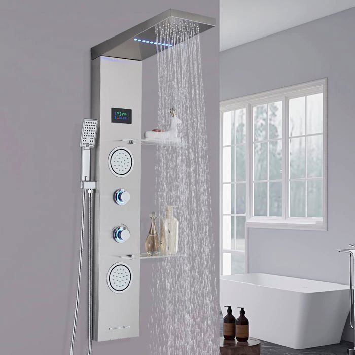 Colonne de Douche en Acier Inox avec 2 Grandes Buses Massants - Douche à Effet Pluie - Douchette à Main - Étagère