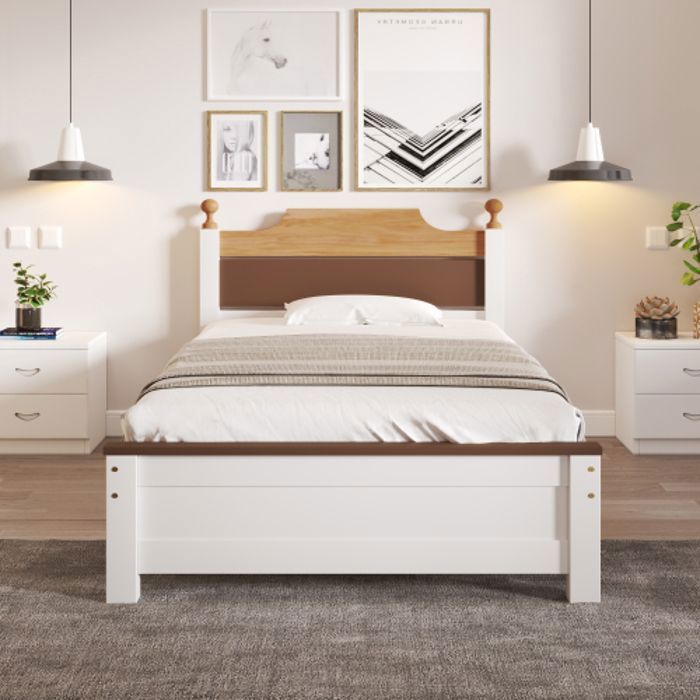 Lit simple 90x200 cm Lit adulte avec TêTe De Lit Style Colour-Blocking blanc Cadre avec pied central MDF