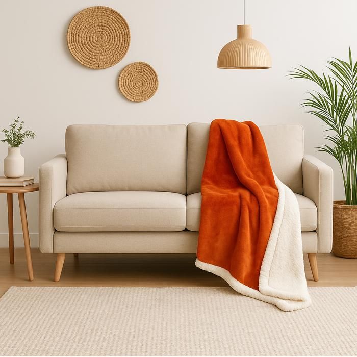 Plaid Sherpa Flanelle 150x200 Terracotta - Double Face Épais 480g/m² (Spécial Canapé)