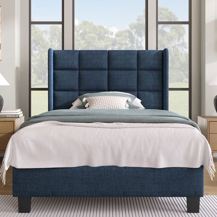 Lit rembourré avec sa tête rembourrée lit simple avec grille dardoise 90x200cm en lin bleu moyen-fort (sans matelas)