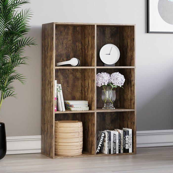Bibliothèque Durham à 6 cubes en bois foncé – Étagère de rangement moderne pour bureau ou salon