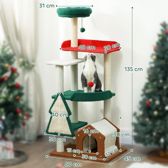 Comparer les prix de Arbre de chat de Noël 60 x 45 x 135 cm avec lit de chat maison de chat saut boule de jeu pilier de griffe de chat