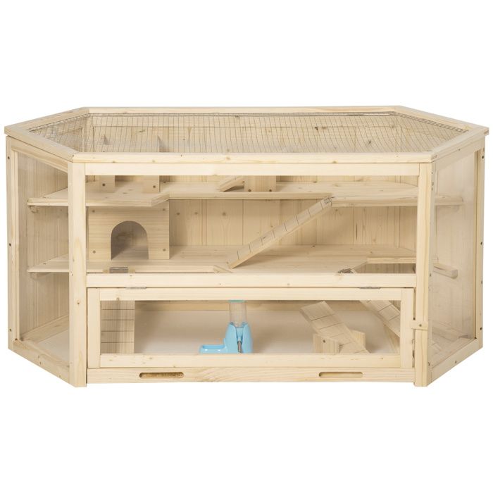 Comparer les prix de Cage à hamster - PawHut - 3 niveaux - bascules fenêtres bouteille deau cabanes toit articulé - 115x60x55 cm - effet bois naturel