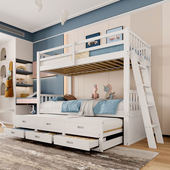 Lit superposé en bois 90 x 200 cm avec lit gigogne pour enfant Lit mezzanine et 3 tiroirs sommier à lattes blanc (sans matelas) Lit superposé en bois 90 x 200 cm avec lit gigogne pour enfant Lit mezzanine et 3 tiroirs sommier à lattes blanc (sans matelas)