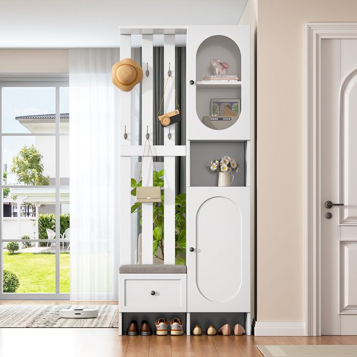 Vestiaire Armoire entrée 85x33.5x200 cm 2 armoires en verre trempé avec banc rembourré blanc