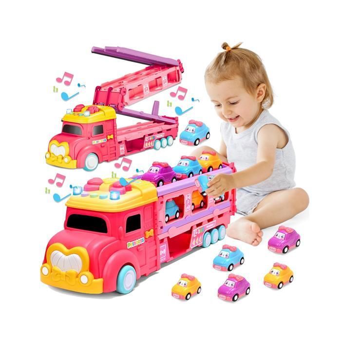 5pcs Jouet de voiture à partir de 2 ans jouet de camion avec lumière et musique voiture de transport enfants avec 6 voitures
