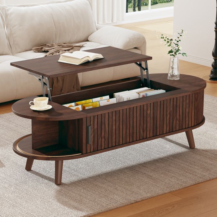Table basse relevable - TRUXEN8 - Noyer - Rangement caché - 120x50x39 5 cm - 5 étagères