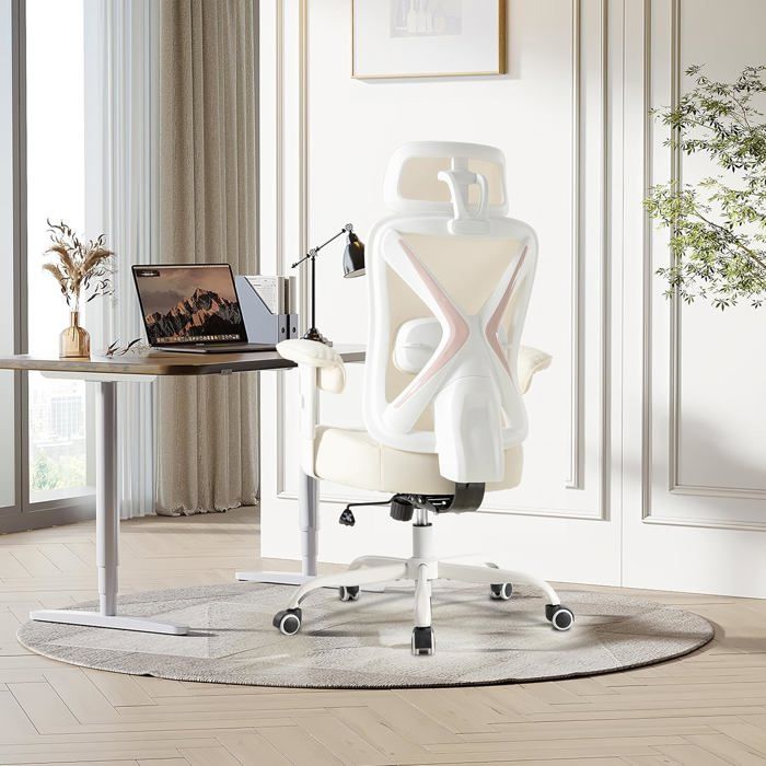 GOOBUY Chaise de Bureau Ergonomique avec Appui-Tête et Support Lombaire Réglables Siège Épais de 135cm Capacité à 220kg Beige