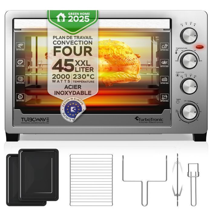 TurboTronic EVS45 - Four électrique 45 L - Four de table chaleur tournante - Mini four grande capacité - 2000 W - 230°C