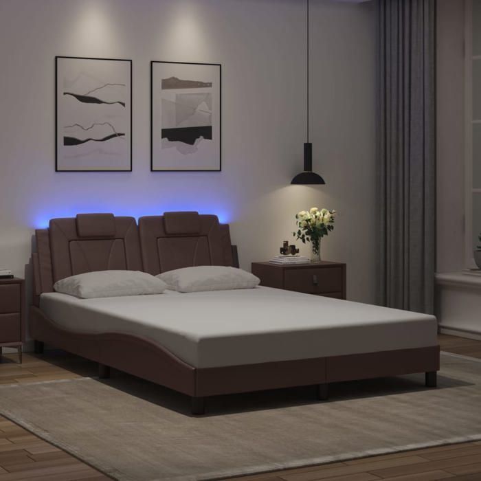 Structure de lit avec LED - UU - Viana - 140x190 cm - Similicuir - Brun - Tête de lit rembourrée