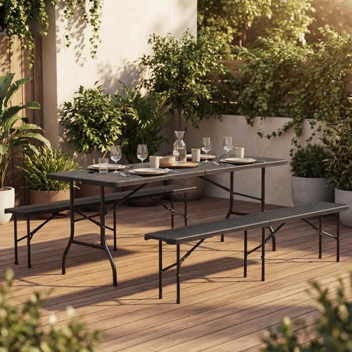 Table Pliante Extérieur en Simili-Rotin – Ensemble Pliant Portable avec 2 Chaises Installation Rapide et Résistante– Jardin