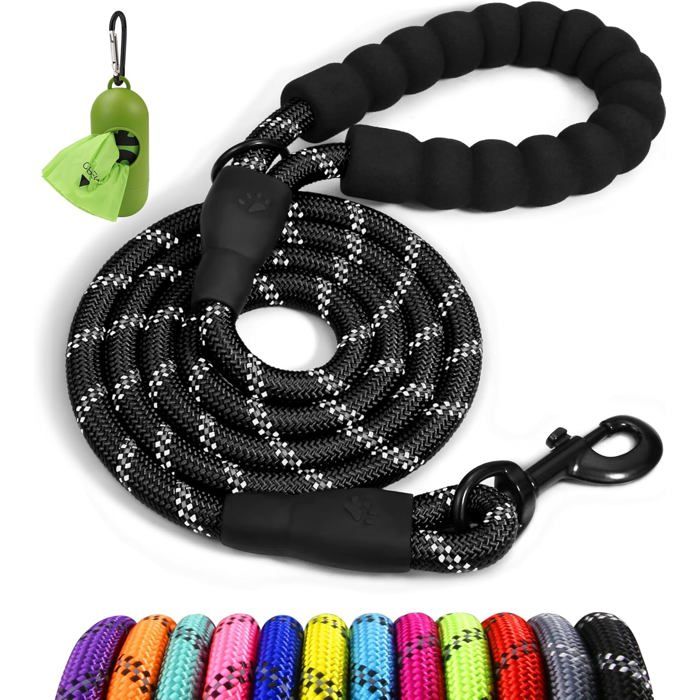 Laisse Chien Corde en Nylon - Poignée Rembourrée Douce avec Fils Réfléchissants - 180 cm x 12 cm Noir