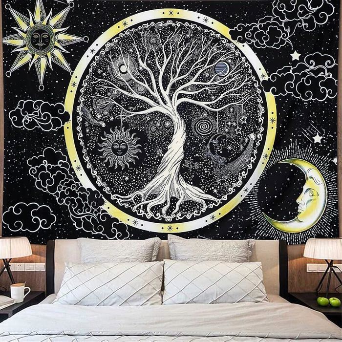 Psychédélique Lune et Soleil Tenture murale Arbre de Vie Tapisserie Noir et Blanc Galaxy Hippie Art 200L x 148l cm Soleil