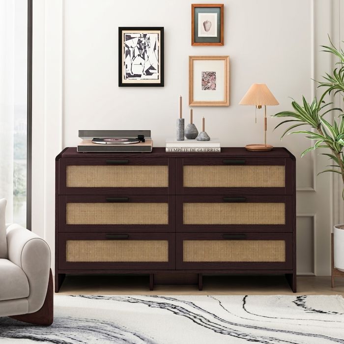 Commode dAngle Arrondie en Rotin 6 Tiroirs Meuble de Rangement pour Salon et Chambre Marron Rougeâtre