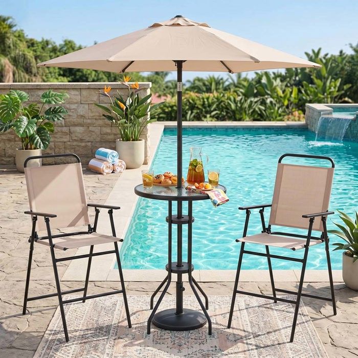 Ensemble table et chaises de jardin - 2 places - Plateau verre trempé - Chaises pliantes avec accoudoirs - Structure métal beige