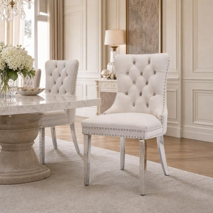 Chaise salle manger velours capitonnée bois massif pieds acier inox chromé clous lot 2 beige chromé