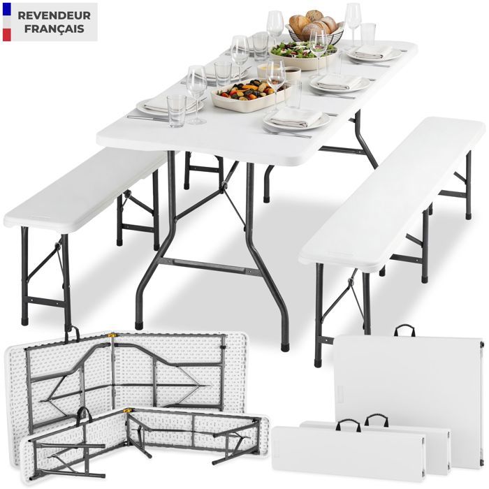 Table de camping - TECTAKE - Table et bancs de fête foraine PANJA pliables et résistants en acier et plastique 180x70x74 cm - Blanc