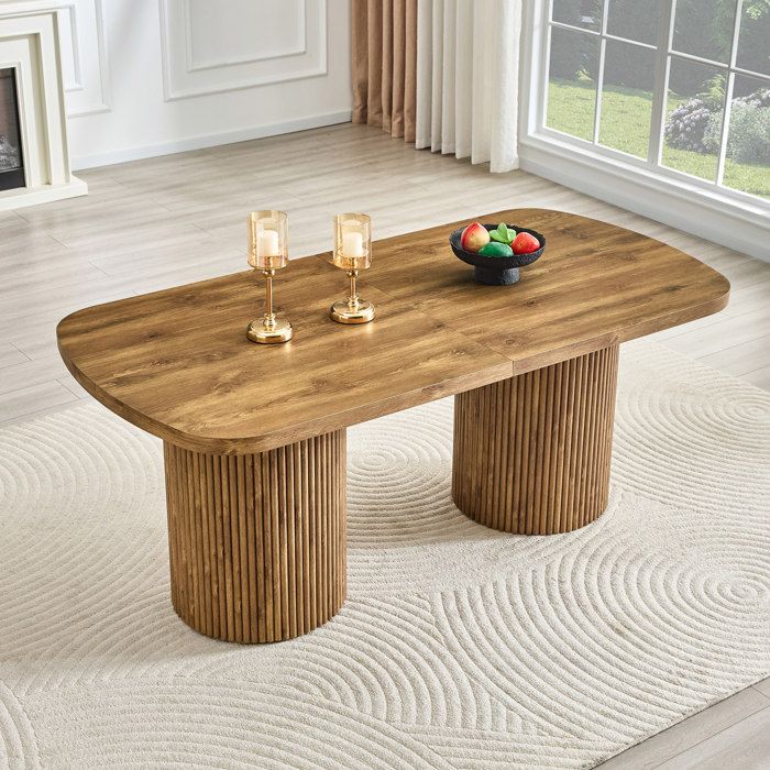 Table à manger ovale 180 x 90 x 76 cm en MDF aspect bois double pied cylindrique rainuré 6 à 8 personnes
