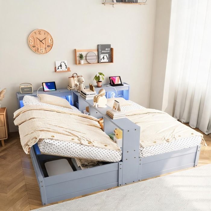 Canapé-lit convertible gris classique en MDF 180x200 cm avec rangements et éclairage LED intégré style moderne