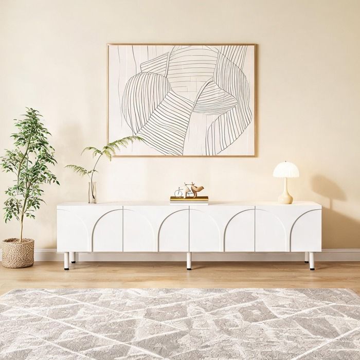 Meuble TV blanc laqué 180x35x49 cm MDF - 4 portes design lignes 3D - Rangement séparé - Style contemporain