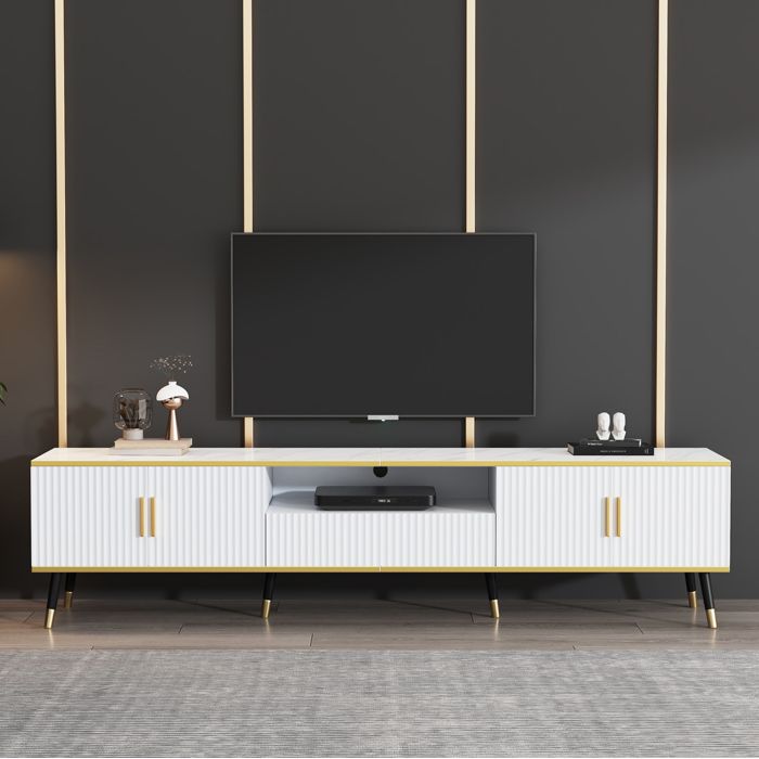 Meuble TV blanc 200 x 40 x 46 cm aspect marbre pour TV jusquà 90 pouces 2 portes et 1 tiroir