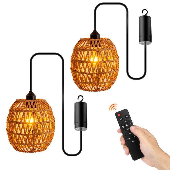 2Pcs Abat Jour Rotin Lampe Lustre Boho Suspension Retro Led Pile DéCoration De La Boheme Maison Vintage Pour Lanterne
