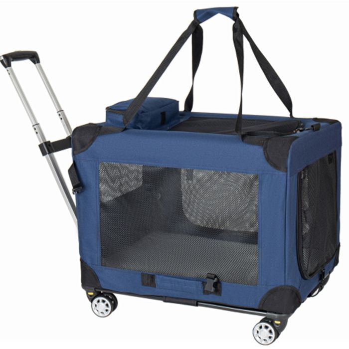 Caisse de Transport Pliante pour Chien avec Roulettes et 3 Portes en Maille - TCQPZ - Poignee Telescopique - Acier - Bleu Fonce