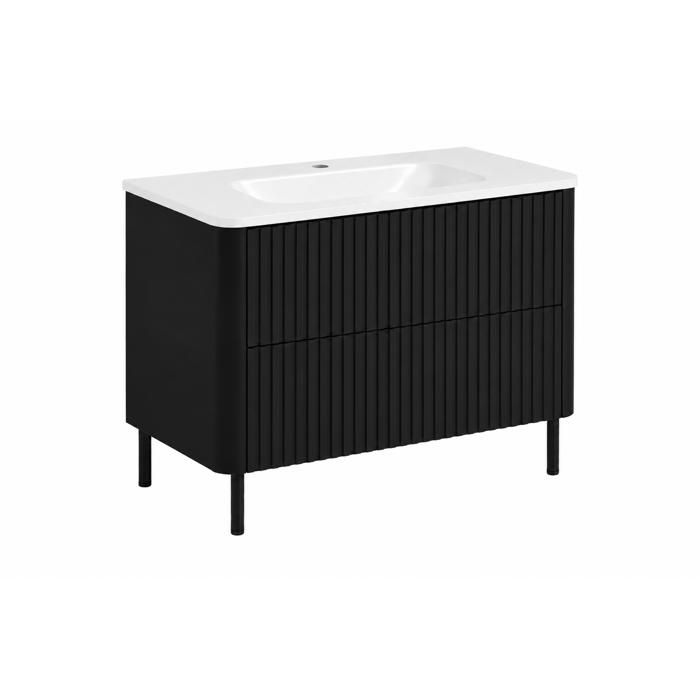Meuble sous vasque - Meuble de salle de bain 80 (noir) - Vasque résine minérale - 2 tiroirs - Pieds métal 15 cm