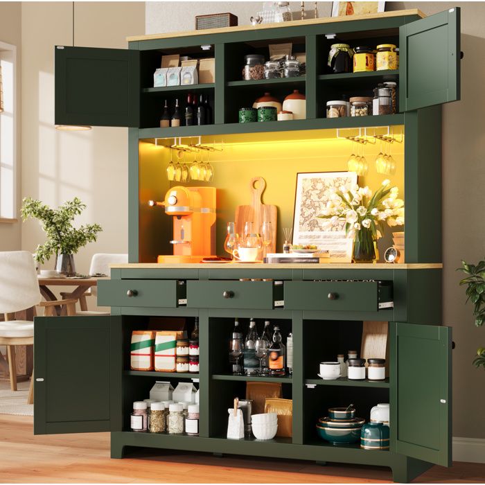 VUENOR Buffet haut de cuisine 120 x 40 x 180 cm vert antique avec rotin PE et 3 tiroirs