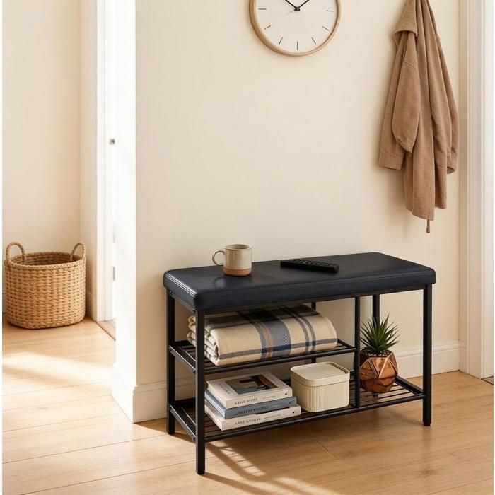 Banc à chaussures avec siège noir 3 compartiments ouverts structure métal simili cuir