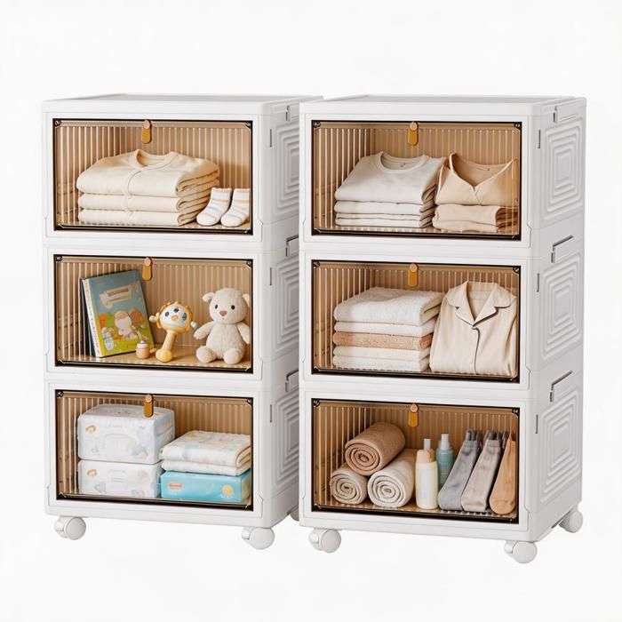 VIVOLILV Lot de 2 Boîte de Rangement Plastique Pliable Armoire de Rangement 3 Niveaux Roulettes Rangement multifonction 39x28x64