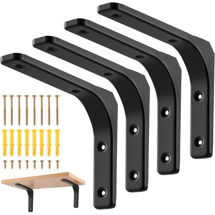 4 Pièces Equerre Etagere Murale Support Détagère Murale Équerres métalliques renforcées noires 90° en fer (20x15x3 cm)