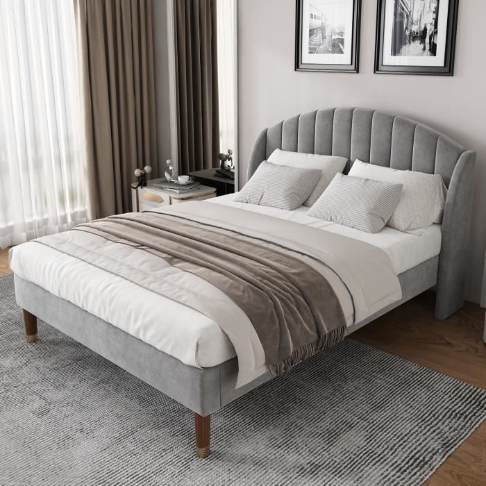 lit capitonné 140x200 cm avec sommier à lattes et tête de lit tapissée, tissu velours - aapaas - gris