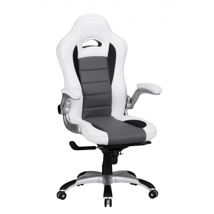 chaise de bureau amstyle racing en cuir blanc avec rayures noires, réglable en hauteur et avec accoudoirs