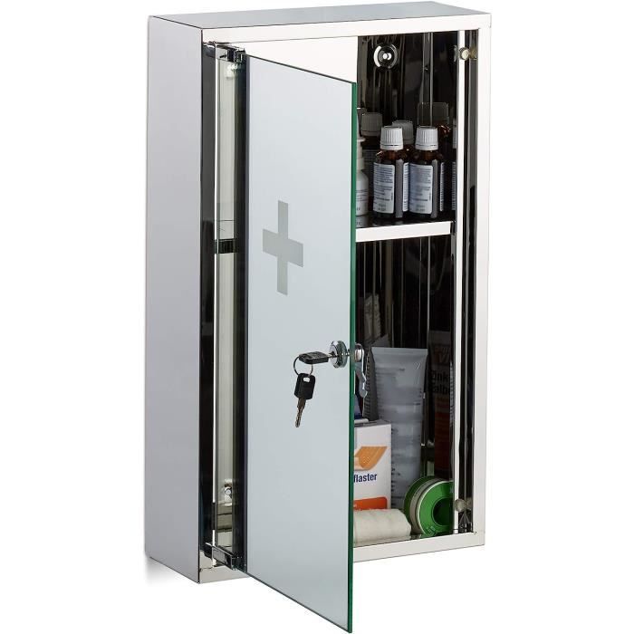 armoires à pharmacie - 10024530 armoire acier inox porte miroir ferme à clé 2 niveaux médicaments pansements 50x30x11cm argenté ino