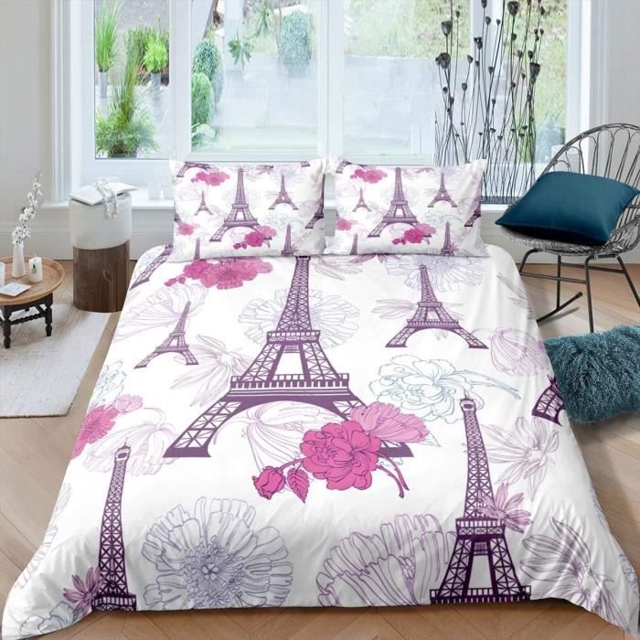 Parure De Lit 3 Pièces - Housse De Couette 280x240 Cm + 2 Taies - Imprimé Paris Romantique - Percale Coton Polyester