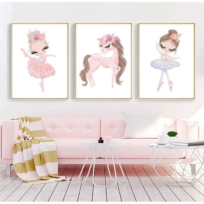 Lot De 3 Tableaux Chambre Bébé Fille 30x40 Cm - Affiches Fleurs Rose Animaux Lapin Chèvre - Toile Sans Cadre