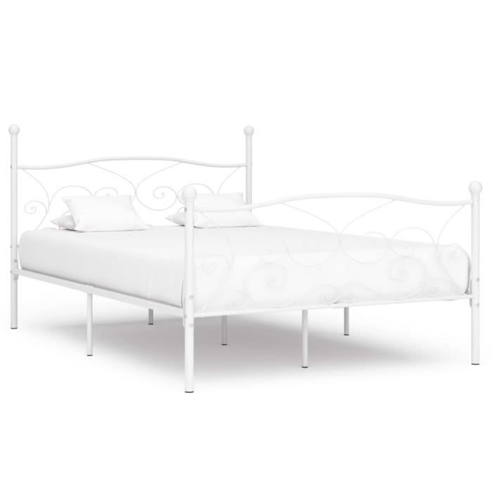 61260| lit grand - cadre de lit et sommier à lattes blanc métal 140 x 200 cm lit adulte structure de lit - moderne style industriel