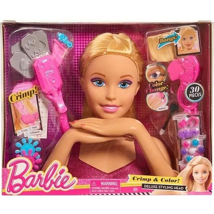 Grande Tete a coiffer deluxe Cheveux blonds Barbie 30 pieces accessoires Coiffure maquillage poupee Set Jouet enfant et carte
