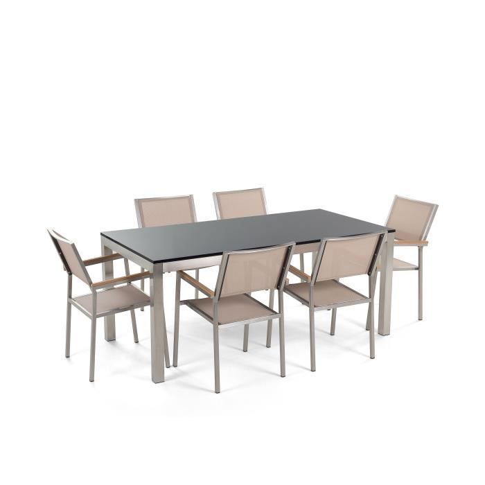 Beliani - Table de jardin plateau granit noir poli 180 cm 6 chaises textile beige GROSSETO