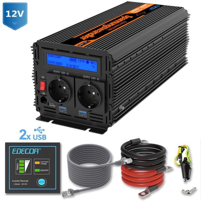 【Applicable en France】Convertisseur 12V 220V Pur Sinus 2000W Onduleur à  Onde Sinusoïdale Pure Transformateur avec Télécommande & Double AC Prises  de