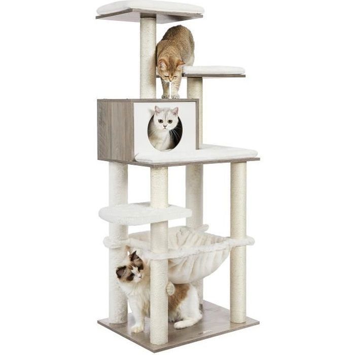 Comparer les prix de FEANDREA Arbre à Chat, Tour de Jeux de 138 cm, pour Chats Domestiques, Niche, Meuble pour Chat, Multiniveau, Grège PCT164G01