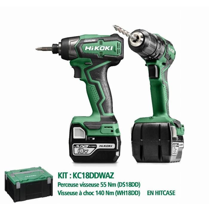 Pack de 2 outils 18 V + 2 batteries 5Ah + chargeur + coffret Hitcase - HIKOKI - KC18DDWAZ