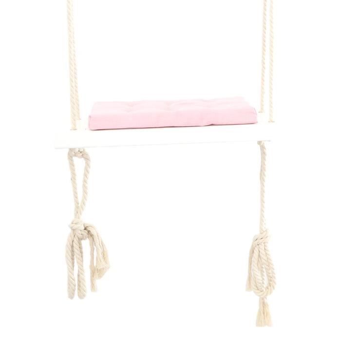 Balançoire Enfant En Bois – Siège De 50 Cm, Coussin Rose, Cordes 5 M, Crochet Inclus – Jardin/chambre