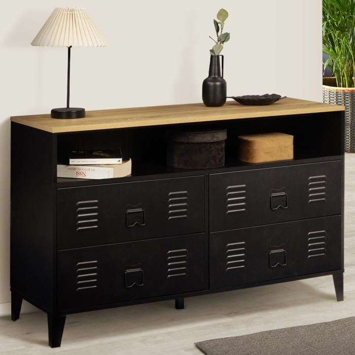 IDMARKET Commode 4 tiroirs ESTER 115 cm métal noir et plateau façon hêtre avec niche design industriel IDMARKET Commode 4 tiroirs ESTER 115 cm métal noir et plateau façon hêtre avec niche design industriel